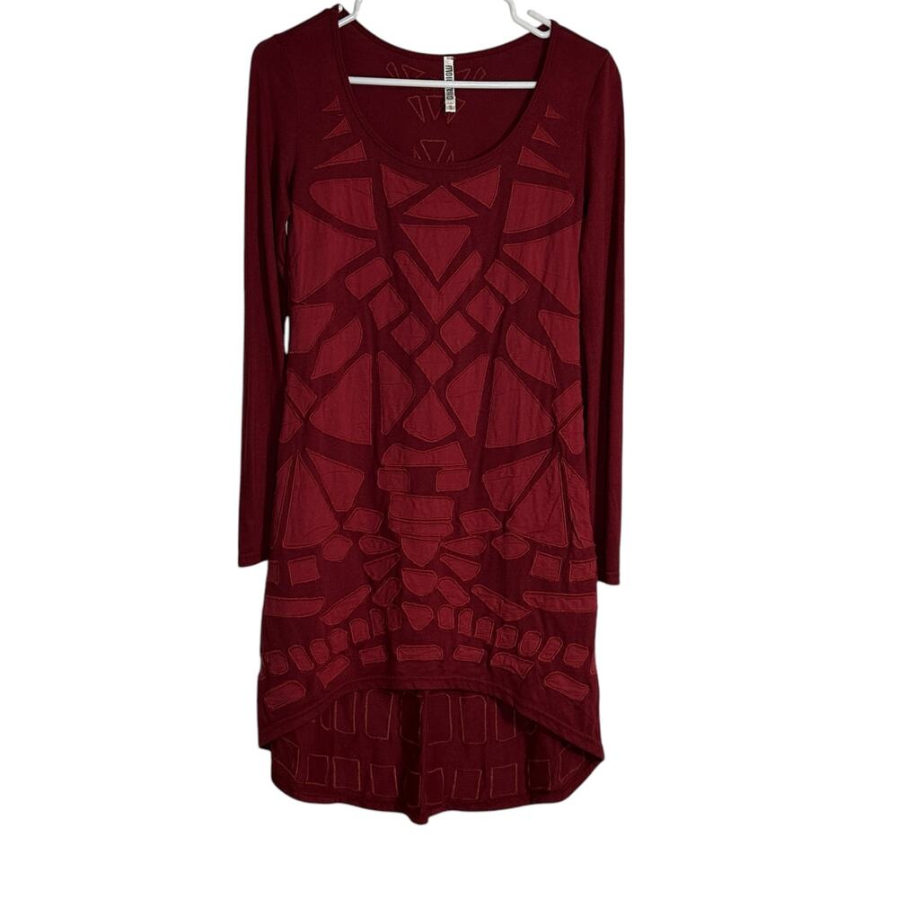 Monoreno Dress Womens Small Maroon Red Geometric Textured HiLo Hem Boho Artsy